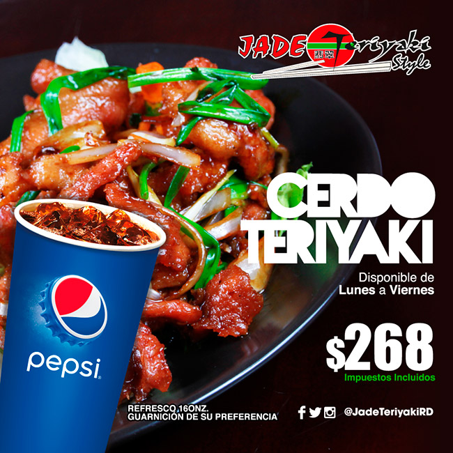 JADE TERIYAKI :: NUEVO COMBO Cerdo Teriyaki! $268 :: #JadeTeriyakiRD #EmailMS